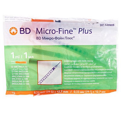 Инсулиновый шприц 1 мл с интегрированной иглой U100 BD Micro-Fine Plus 29G 0,33 x 12,7 мм, Becton Dickinson, 10 штук