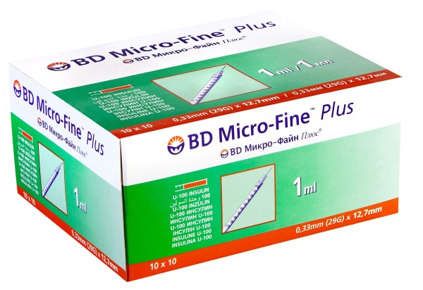 Инсулиновый шприц 1 мл с интегрированной иглой U100 BD Micro-Fine Plus 29G 0,33 x 12,7 мм, Becton Dickinson, 100 штук