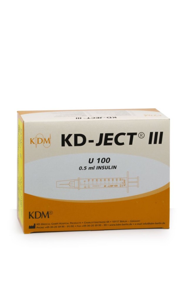 Инсулиновый шприц U100 0,5 мл с интегрированной иглой 29G 0,33 x 13 мм, KD JECT, Германия, 100 штук