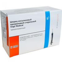 Инсулиновый шприц 1 мл с интегрированной иглой U100 30G 0,3 x 13 мм, Vogt Medical, Германия, 100 штук