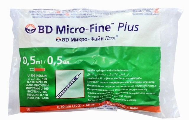 Инсулиновый шприц 0,5 мл с интегрированной иглой U100 BD Micro-Fine Plus 30G 0,3 x 8 мм, Becton Dickinson, 100 штук