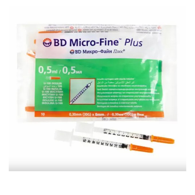 Инсулиновый шприц 0,5 мл с интегрированной иглой U100 BD Micro-Fine Plus 30G 0,3 x 8 мм, Becton Dickinson, 100 штук