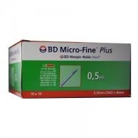 Инсулиновый шприц 0,5 мл с интегрированной иглой U100 BD Micro-Fine Plus 30G 0,3 x 8 мм, Becton Dickinson, 100 штук