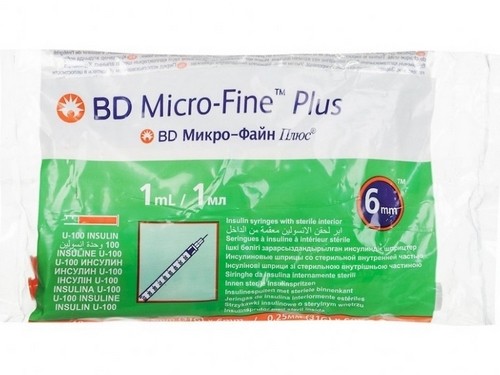 Инсулиновый шприц 1 мл с интегрированной иглой U100 BD Micro-Fine Plus 31G 0,25 x 6 мм, Becton Dickinson, 100 штук
