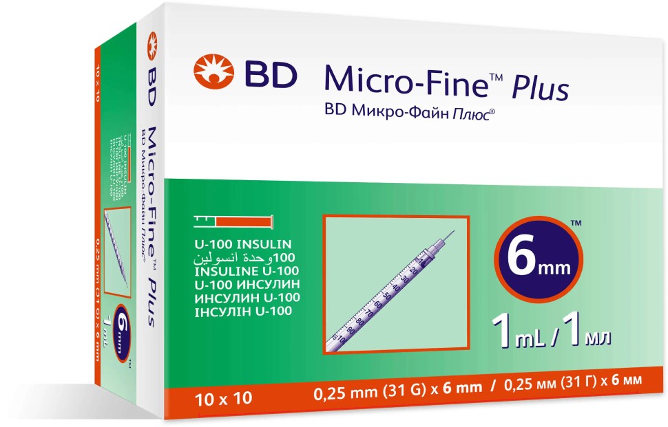 Инсулиновый шприц 1 мл с интегрированной иглой U100 BD Micro-Fine Plus 31G 0,25 x 6 мм, Becton Dickinson, 100 штук