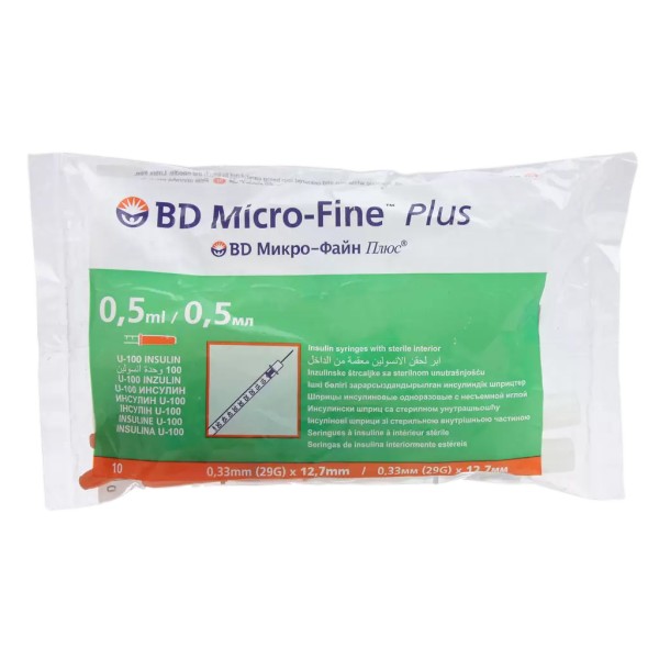 Инсулиновый шприц 0,5 мл U100 с интегрированной иглой BD Micro-Fine Plus 29G 0,33 x 12,7 мм, Becton Dickinson, 10 штук