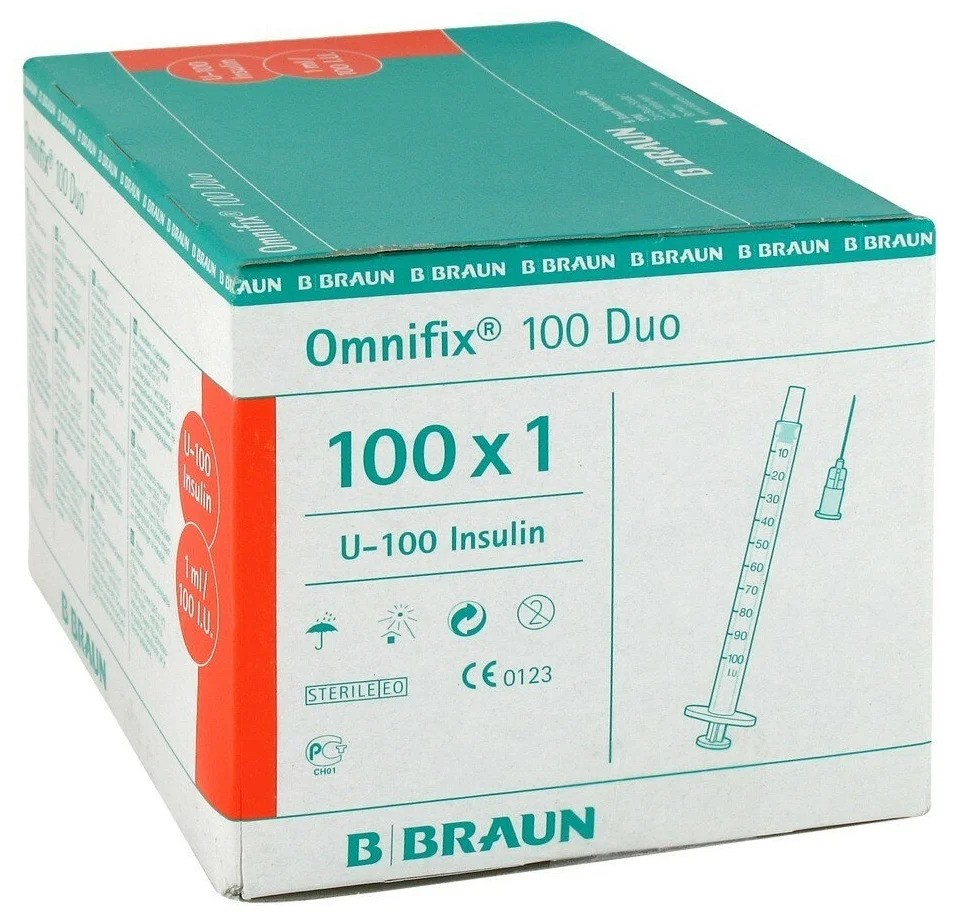 Шприц инсулиновый 1 мл B.Braun Omnifix Duo U-100 трехкомпонентный 26G 0.45 мм х 12 мм 100 штук 