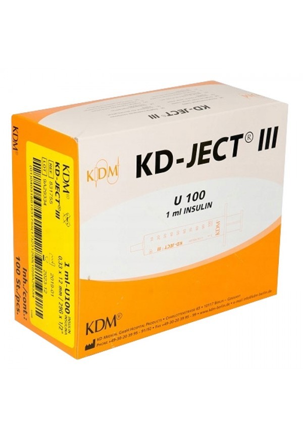 Инсулиновый шприц 1 мл U100 с интегрированной иглой 29G 0,33 x 13 мм, KD JECT, Германия, 100 штук